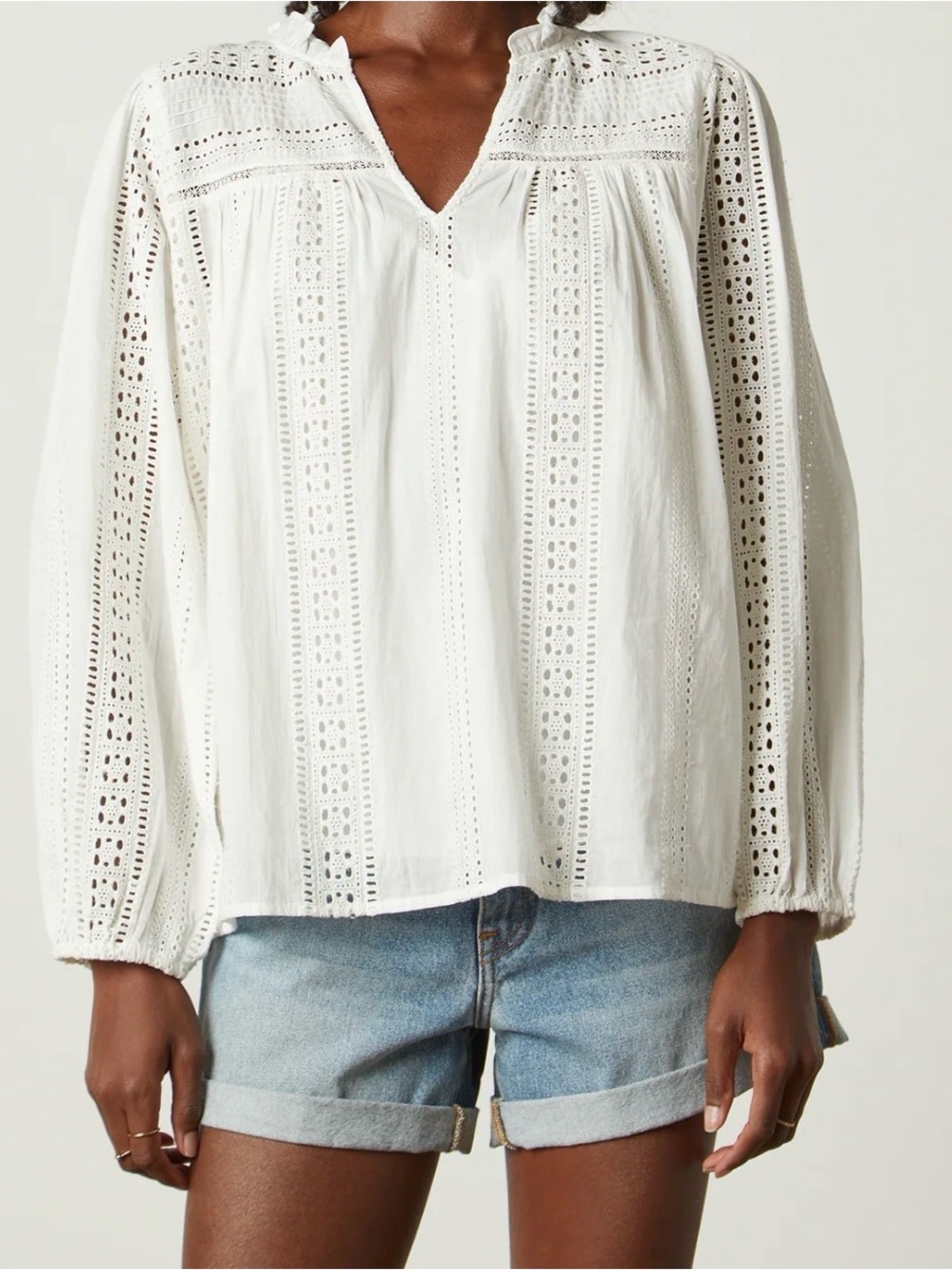 Velvet by Graham & Spencer Cream Eyelet Lace-Trim Long Sleeve Dress